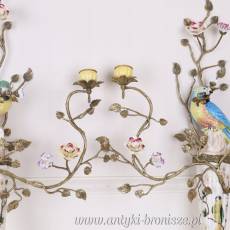 Świecznik PORCELANA Z BRĄZEM! PAPUŻKI NA GAŁĄZCE