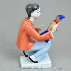 Dziewczynka z pajacem art deco Hollohaza węgierska porcelana lata 60te unikalna kolorystyka