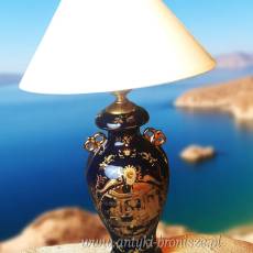 Porcelanowa lampa stołowa kobalt i złoto, dworskie motywy wys. podstawy 42cm