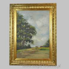 Pejzaż w złotej ramie, olej na desce podpisany 47/62cm w świetle 33/48cm poł.XXw