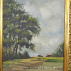 Pejzaż w złotej ramie, olej na desce podpisany 47/62cm w świetle 33/48cm poł.XXw