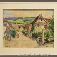 Kolorowe miasteczko w górach podpisana 66r akwarela