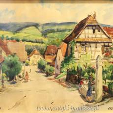 Kolorowe miasteczko w górach podpisana 66r akwarela