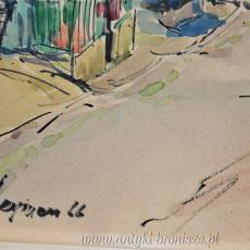 Kolorowe miasteczko w górach podpisana 66r akwarela