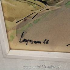 Kolorowe miasteczko w górach podpisana 66r akwarela