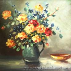 Bukiet kwiatów olej na płótnie -podpisany R,Boret Belgia lata 20/30te 76/66 cm