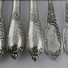 Noże 12 szt, widelce 11 szt - przystawkowe, 5 łyżeczek do herbaty, Norblin rokoko, monogram