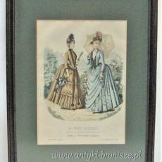 Obrazki Moda Paryska XIXw liografia kolorowa w drewnianej ramce pod szkłem