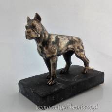 Figurka psa posrebrzana (bokser) na podstawie z czarnego kamienia (marmur?) początek XXw