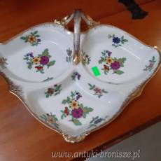 Patera 3-komorowa ze zlocona raczka w kwiaty - porcelana sygn. Limoges - poz. 4729