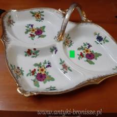 Patera 3-komorowa ze zlocona raczka w kwiaty - porcelana sygn. Limoges - poz. 4729