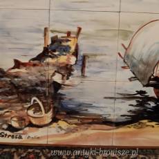 OKAZJA WYPRZEDAZ !! Kompozycja (Obraz) z ceramiki "Barka przy brzegu" - 24 kafle ceramiczne oprawione w drewniana podstawe z rama, podpisany Stresa Italia (Belarti) - poz. 6243