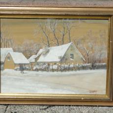 Pastela / akwarela - obraz zimowy " Domy" - datowany 1942, podpisany, w drewnianej ramie rozm. 64 x 84cm - poz. 5010
