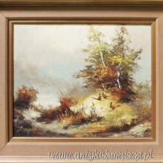 Olej na płótnie ,, Bażanty w lesie ¨ Podpisany Bernard  Holandia 1970 r 78/68 cm