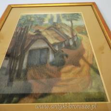 Pastel na kartonie - Chata w lesie Leo Vingerhoets Belgia poł.XX 57/76cm