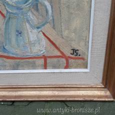 Szkola Belgijska : ONP " Kwiaty z wazonem", podpisany prawy dol "JS", w drewnianej zloconej ramie, rozm 80 x 62cm (rozm wewn 66 x 48cm)