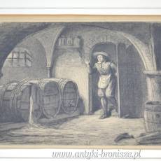 Starodruk -Staloryt za szkłem “Piwnica z winem” 26/21cm Holandia XIX w