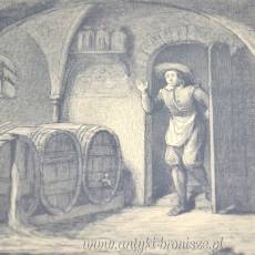 Starodruk -Staloryt za szkłem “Piwnica z winem” 26/21cm Holandia XIX w