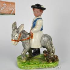 Chłopiec, czikos na osiołku i pies ceramika Izsépy Węgry lata 50te wys.18cm