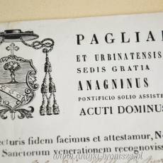 Certyfikat autentyczności relikwii z 1867r wystawiony przez Biskupa Clemente Pagliari Anagnia