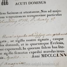 Certyfikat autentyczności relikwii z 1867r wystawiony przez Biskupa Clemente Pagliari Anagnia