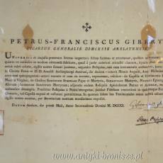 Certyfikat autentyczności relikwii wystawiony w Arelate (Francja) w 1801r