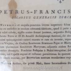 Certyfikat autentyczności relikwii wystawiony w Arelate (Francja) w 1801r
