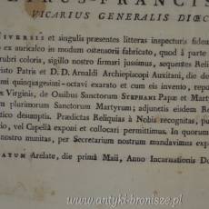 Certyfikat autentyczności relikwii wystawiony w Arelate (Francja) w 1801r