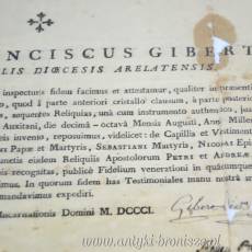 Certyfikat autentyczności relikwii wystawiony w Arelate (Francja) w 1801r