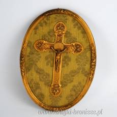Unikalny krucyfiks, krzyż mosiądz złocony na owalnej deseczce 13/17cm Francja ok. 1920 r