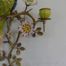 Świecznik PORCELANA Z BRĄZEM! -PAPUŻKA NA GAŁĄZCE