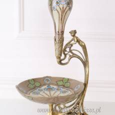 PATERO FLAKON secesja z kobietą PORCELANA Z BRĄZEM