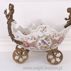 PATERA KARETA - porcelana + brąz ZAPRZĘG ptaki