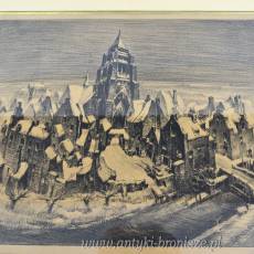 Rycina "Sneeuw" Edmond van Dooren Belgia lata 20te drewniana rama 60/47cm