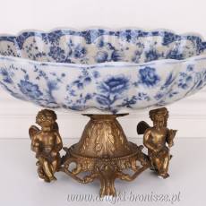 DUŻA PATERA NA ANIOŁKACH porcelana z brązem niebieska