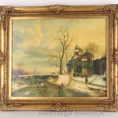 OBRAZ ZŁOTA RAMA -BAWIĄCE SIĘ DZIECI NA LODOWISKU- 61 X 71 cm