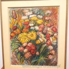 Olej na płótnie "Bukiet kwiatów" podpisany R. Hebrant 1981r . Belgia  65/54cm