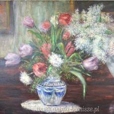 Tulipany i bzy w wazonie olej na płótnie G.Stimart Belgia lata20te drewniana rama  90/70cm