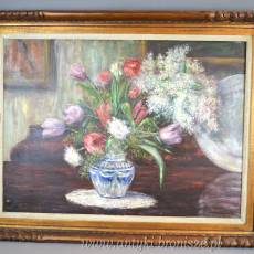 Tulipany i bzy w wazonie olej na płótnie G.Stimart Belgia lata20te drewniana rama  90/70cm