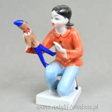 Dziewczynka z pajacem art deco Hollohaza węgierska porcelana lata 60te unikalna kolorystyka