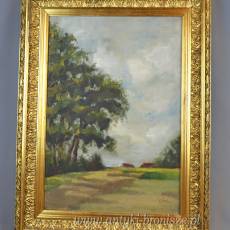 Pejzaż w złotej ramie, olej na desce podpisany 47/62cm w świetle 33/48cm poł.XXw