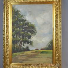 Pejzaż w złotej ramie, olej na desce podpisany 47/62cm w świetle 33/48cm poł.XXw