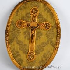 Unikalny krucyfiks, krzyż mosiądz złocony na owalnej deseczce 13/17cm Francja ok. 1920 r