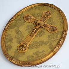 Unikalny krucyfiks, krzyż mosiądz złocony na owalnej deseczce 13/17cm Francja ok. 1920 r