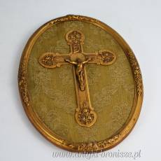 Unikalny krucyfiks, krzyż mosiądz złocony na owalnej deseczce 13/17cm Francja ok. 1920 r