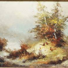 Olej na płótnie ,, Bażanty w lesie ¨ Podpisany Bernard  Holandia 1970 r 78/68 cm