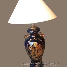 Porcelanowa lampa stołowa kobalt i złoto, dworskie motywy