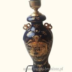 Porcelanowa lampa stołowa kobalt i złoto, dworskie motywy
