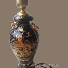 Porcelanowa lampa stołowa kobalt i złoto, dworskie motywy