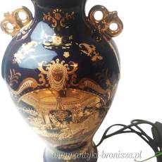Porcelanowa lampa stołowa kobalt i złoto, dworskie motywy